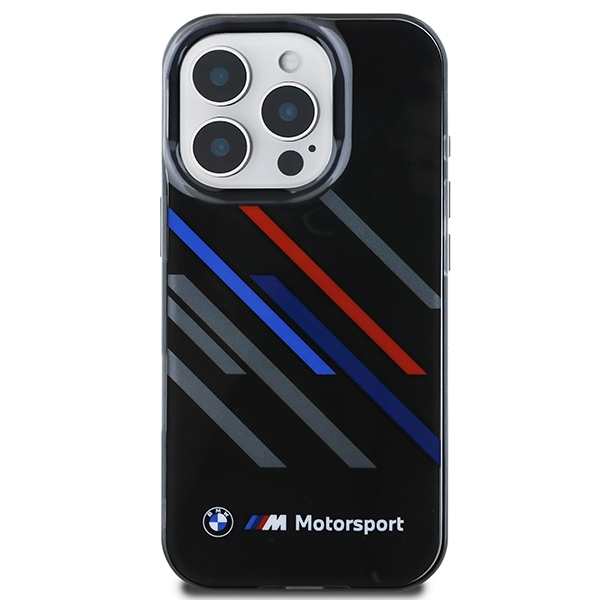 BMW dėklas iPhone 16 Pro Max telefonui Motorsport IML Random Stripes, juodas