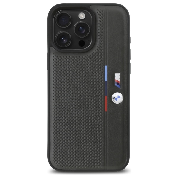 BMW dėklas iPhone 16 Pro Max telefonui M Perforated Tricolor Detail Line, tamsiai pilkas