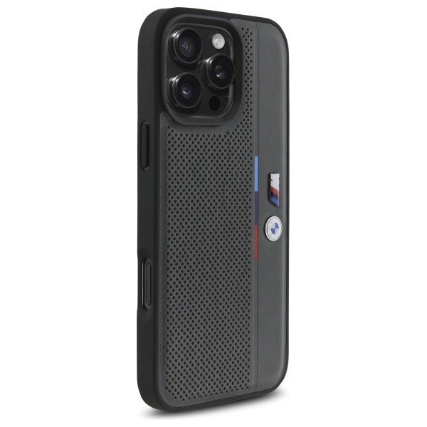 BMW dėklas iPhone 16 Pro Max telefonui M Perforated Tricolor Detail Line, tamsiai pilkas