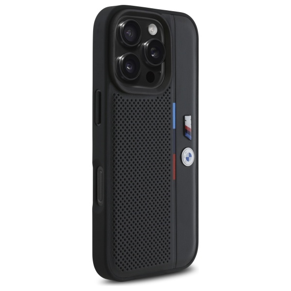 BMW M Perforated Tricolor dėklas iPhone 16 Pro Max, juodas