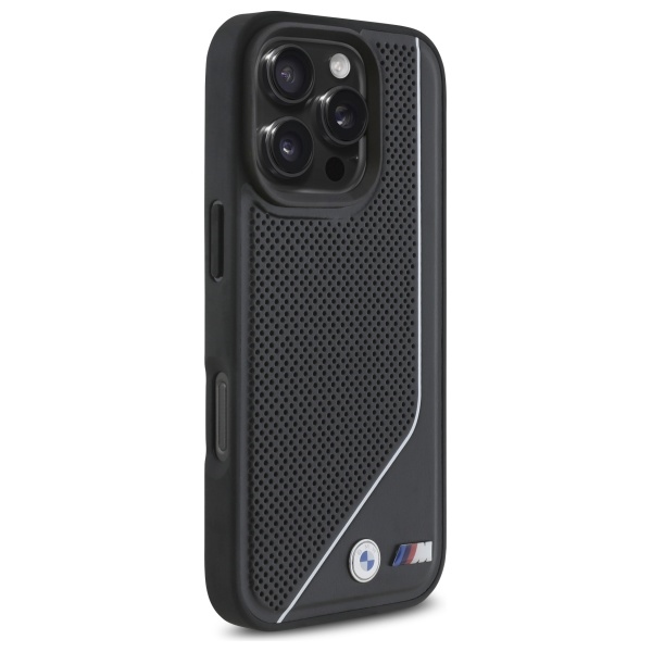 BMW M Perforated Twisted Line MagSafe dėklas iPhone 16 Pro telefonui, juodas