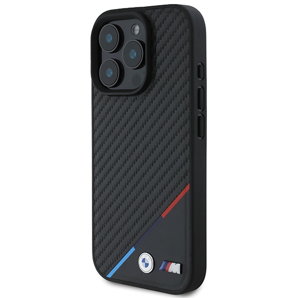 BMW M Carbon Tricolor Line MagSafe dėklas iPhone 16 Pro telefonui, juodas
