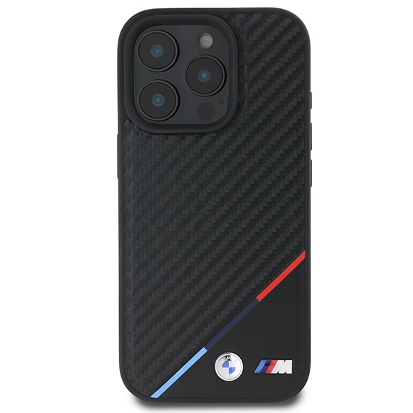BMW M Carbon Tricolor Line MagSafe dėklas iPhone 16 Pro telefonui, juodas