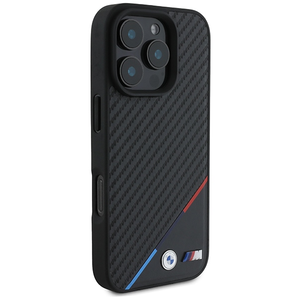 BMW M Carbon Tricolor Line MagSafe dėklas iPhone 16 Pro telefonui, juodas