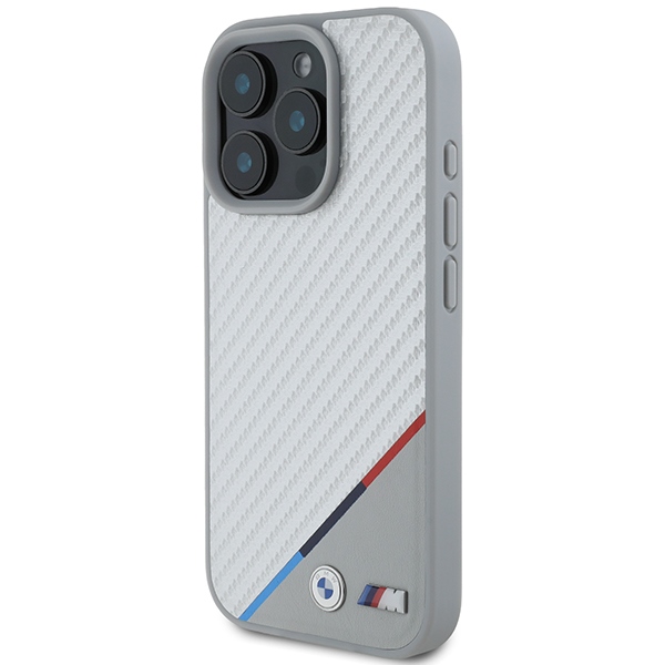 BMW dėklas iPhone 16 Pro telefonui M Carbon Tricolor Line MagSafe, pilkas