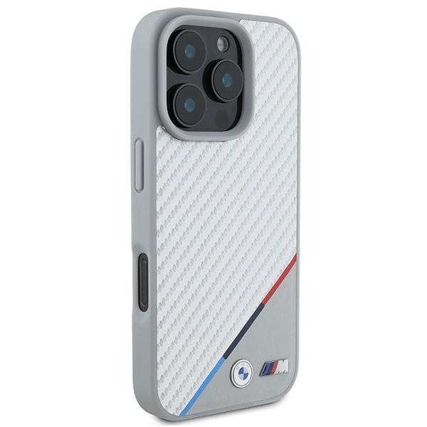 BMW dėklas iPhone 16 Pro telefonui M Carbon Tricolor Line MagSafe, pilkas