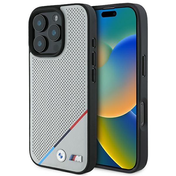 BMW dėklas iPhone 16 Pro telefonui M Perforated Tricolor Line MagSafe, pilkas