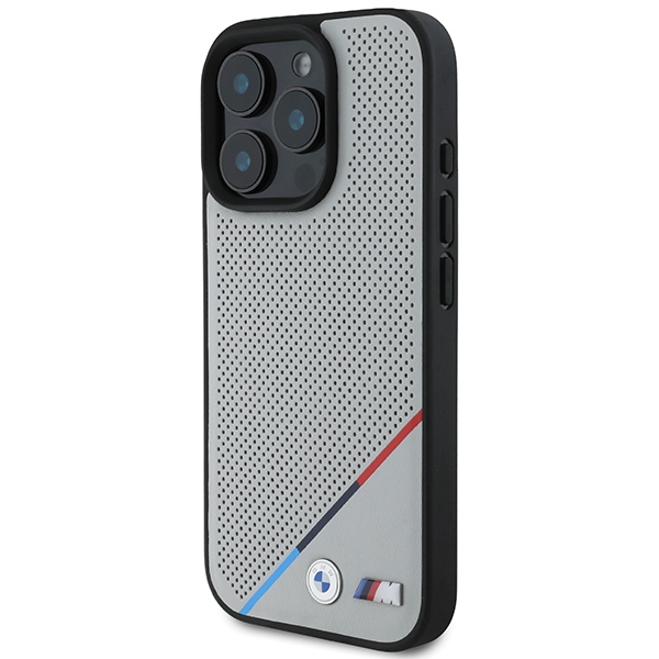 BMW dėklas iPhone 16 Pro telefonui M Perforated Tricolor Line MagSafe, pilkas