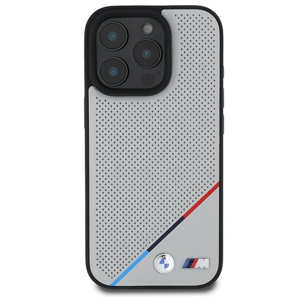 BMW dėklas iPhone 16 Pro telefonui M Perforated Tricolor Line MagSafe, pilkas