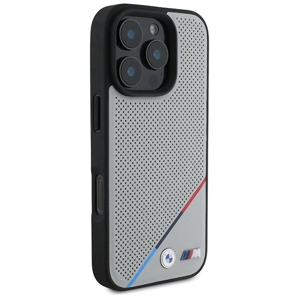 BMW dėklas iPhone 16 Pro telefonui M Perforated Tricolor Line MagSafe, pilkas