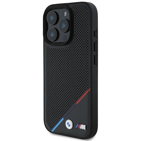 BMW dėklas iPhone 16 Pro telefonui M Perforated Tricolor Line MagSafe, juodas