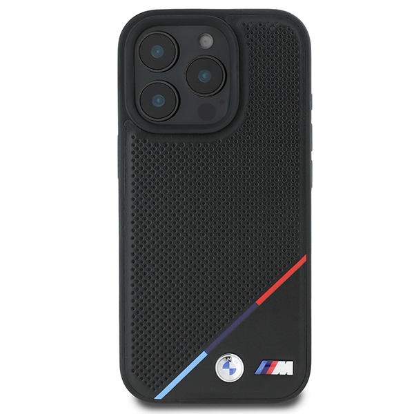 BMW dėklas iPhone 16 Pro telefonui M Perforated Tricolor Line MagSafe, juodas