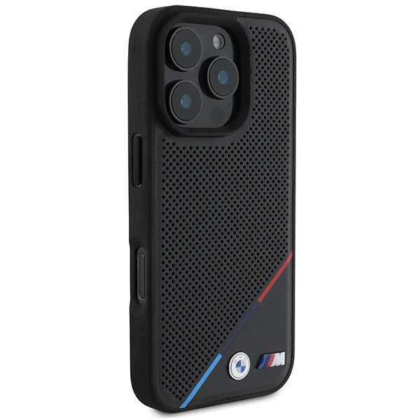 BMW dėklas iPhone 16 Pro telefonui M Perforated Tricolor Line MagSafe, juodas