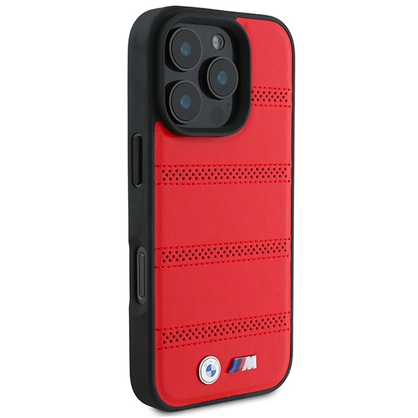 BMW dėklas iPhone 16 Pro telefonui M Perforated And Stitched Line MagSafe, raudonas