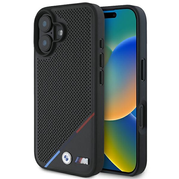 BMW M Perforated Tricolor Line MagSafe dėklas iPhone 16 Plus, juodas