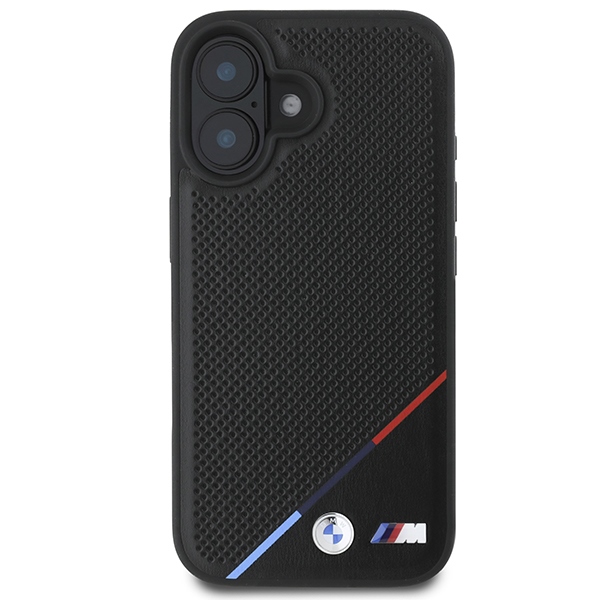 BMW M Perforated Tricolor Line MagSafe dėklas iPhone 16 Plus, juodas