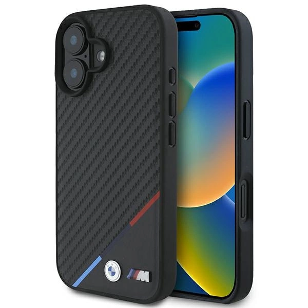 BMW M Carbon Tricolor Line MagSafe dėklas, skirtas iPhone 16, juodas