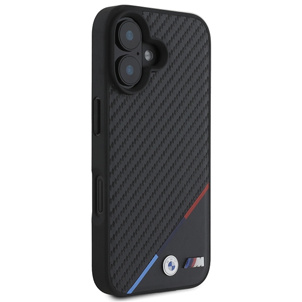 BMW M Carbon Tricolor Line MagSafe dėklas, skirtas iPhone 16, juodas