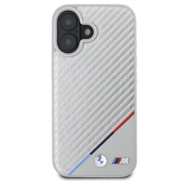 BMW M Carbon Tricolor Line MagSafe dėklas, skirtas iPhone 16, pilkas