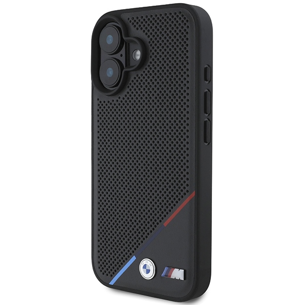 BMW M Perforated Tricolor Line MagSafe dėklas iPhone 16, juodas