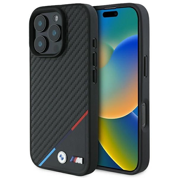 BMW M Carbon Tricolor Line MagSafe dėklas iPhone 16 Pro Max, juodas