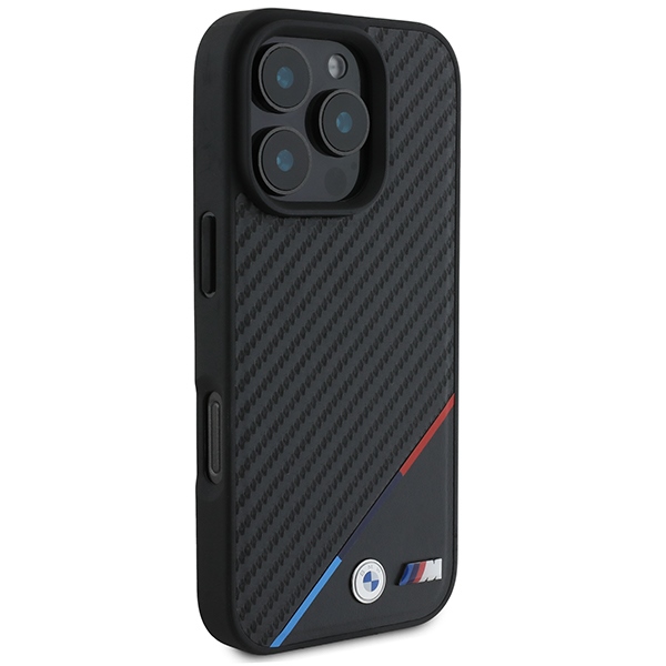 BMW M Carbon Tricolor Line MagSafe dėklas iPhone 16 Pro Max, juodas