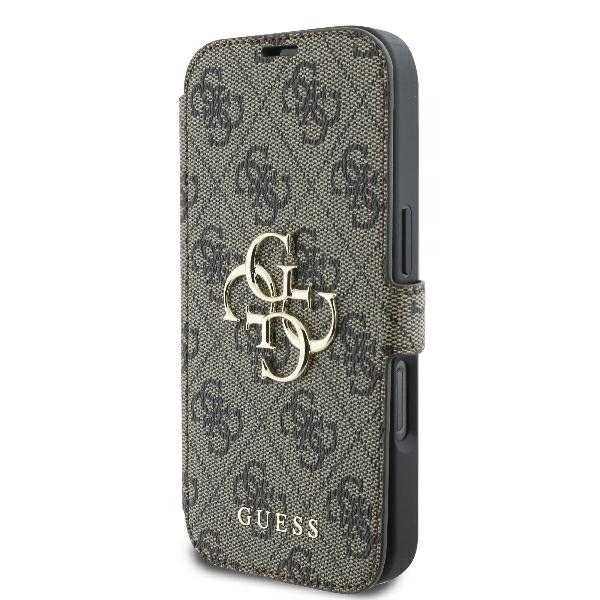 Guess 4G Metal Logo iPhone 16 Pro atverčiamas dėklas, rudas