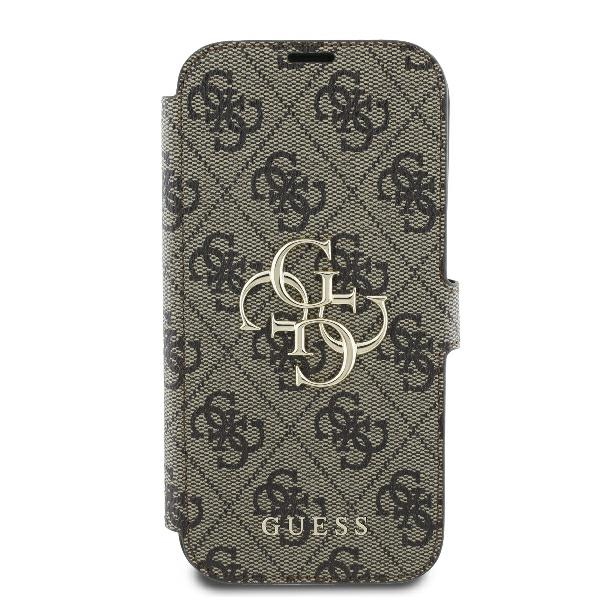 Guess 4G Metal Logo iPhone 16 Pro atverčiamas dėklas, rudas