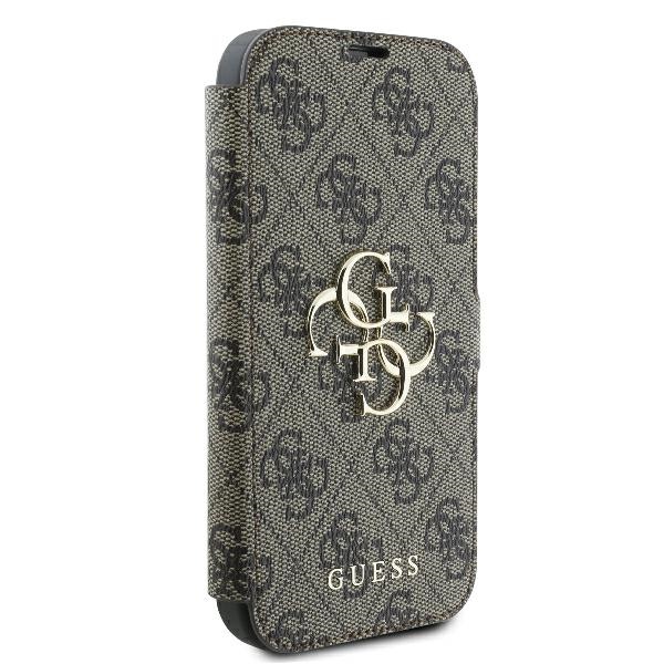 Guess 4G Metal Logo iPhone 16 Pro atverčiamas dėklas, rudas
