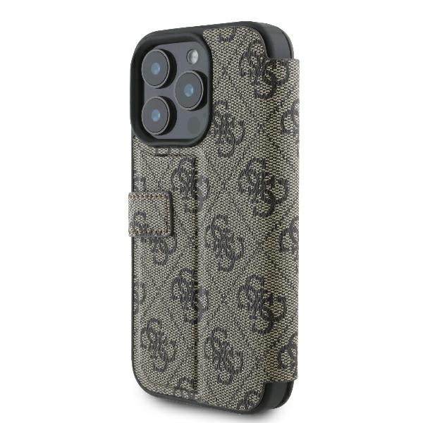 Guess 4G Metal Logo iPhone 16 Pro atverčiamas dėklas, rudas