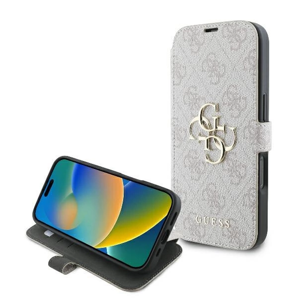 Apple iPhone 16 Pro 6.3" Guess 4G Metal Logo Book Case Cover, Pink