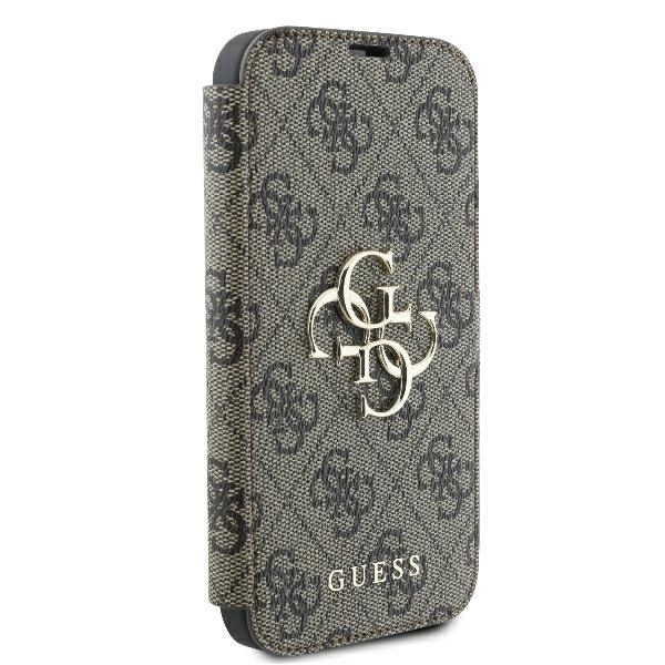 Atverčiamas dėklas Guess 4G Metal Logo, skirtas iPhone 16 Plus, rudas