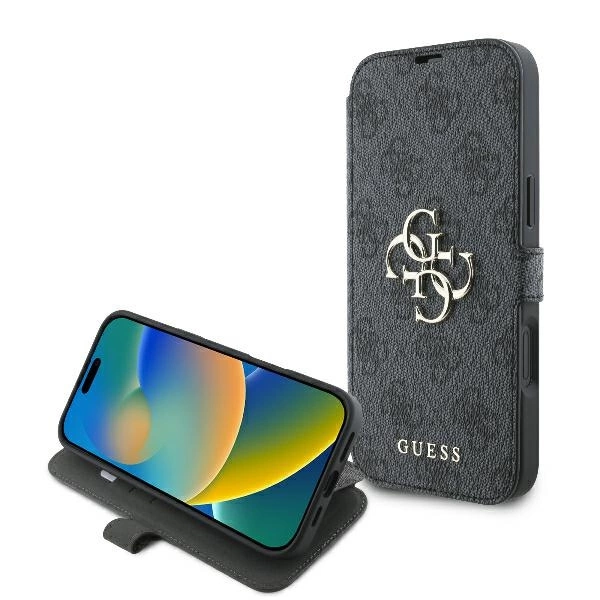 Apple iPhone 16 Plus 6.7" Guess 4G Metal Logo Book Case Cover, Black