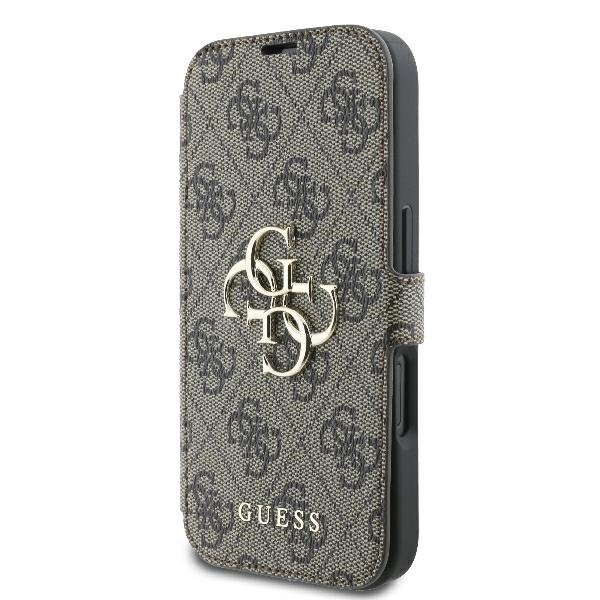 Guess 4G Metal Logo atverčiamasis dėklas iPhone 16, rudas