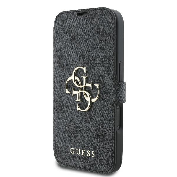 Guess 4G Metal Logo atverčiamas dėklas iPhone 16 telefonui, juodas