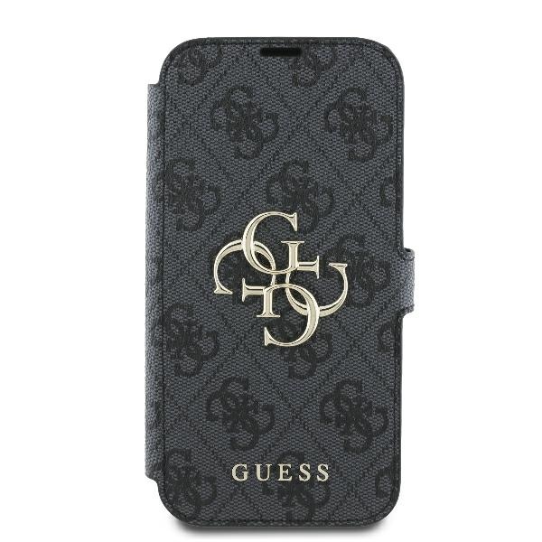 Guess 4G Metal Logo atverčiamas dėklas iPhone 16 telefonui, juodas