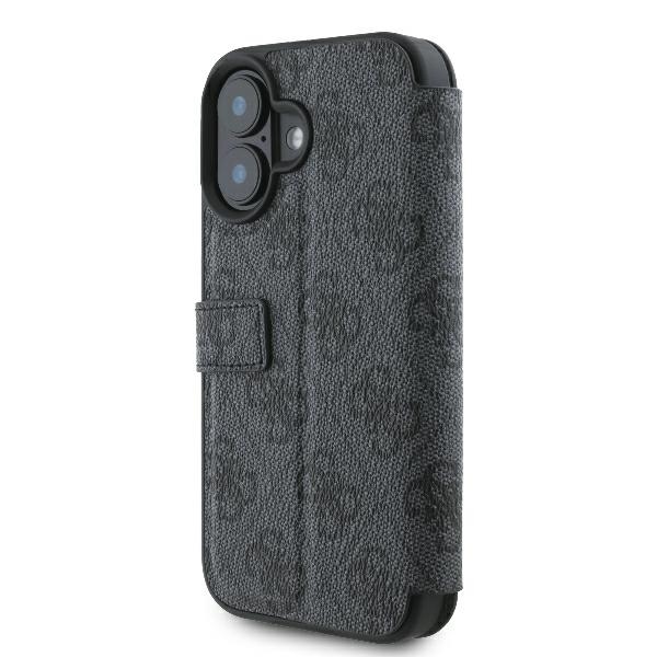 Guess 4G Metal Logo atverčiamas dėklas iPhone 16 telefonui, juodas