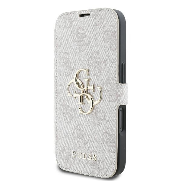 Apple iPhone 16 6.1\" Guess 4G Metal Logo Book Case Cover, Pink