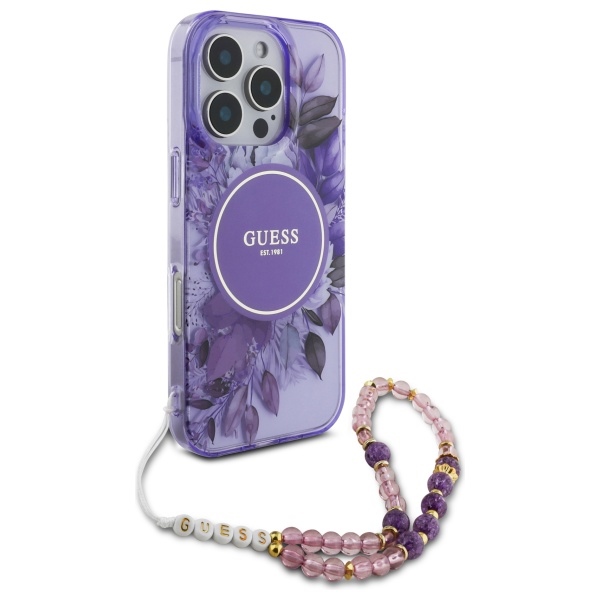Guess IML Flowers Pearl Strap MagSafe dėklas iPhone 16 Pro Max telefonui, violetinis