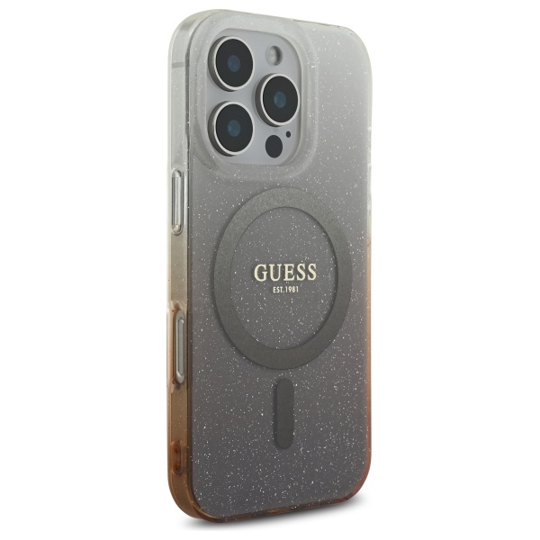 Guess dėklas iPhone 16 Pro Max IML Glitter Gradient MagSafe, rudas