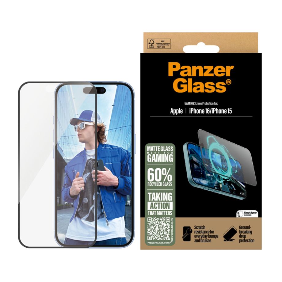 „Panzerglass Gaming“ apsauginis stiklas „iPhone 16“ telefonui, „Ultra-Wide Fit“
