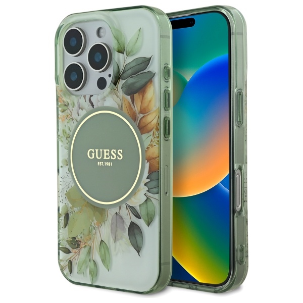 Guess iPhone 16 Pro Max dėklas IML Flower & Tonal Circle MagSafe, žalias