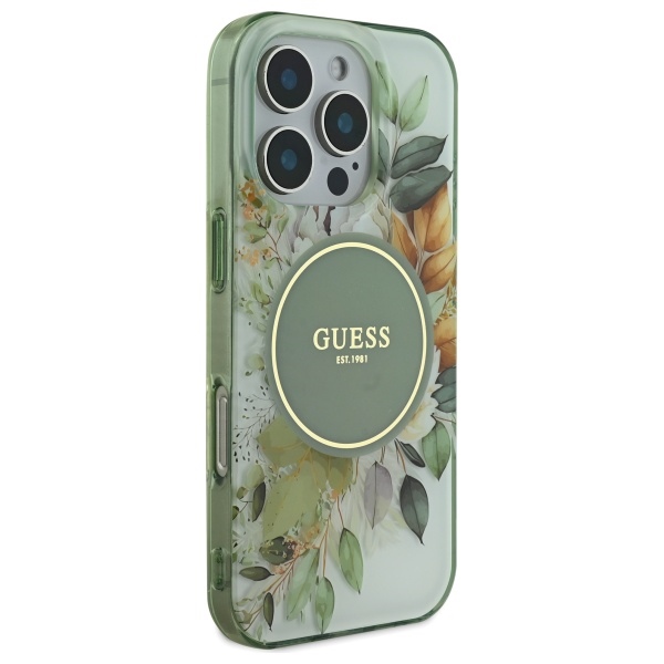 Guess iPhone 16 Pro Max dėklas IML Flower & Tonal Circle MagSafe, žalias