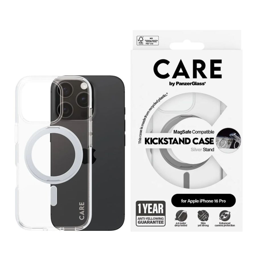 Dėklas CARE by PanzerGlass Feature Kickstand, skirtas iPhone 16 Pro permatomas / sidabrinis