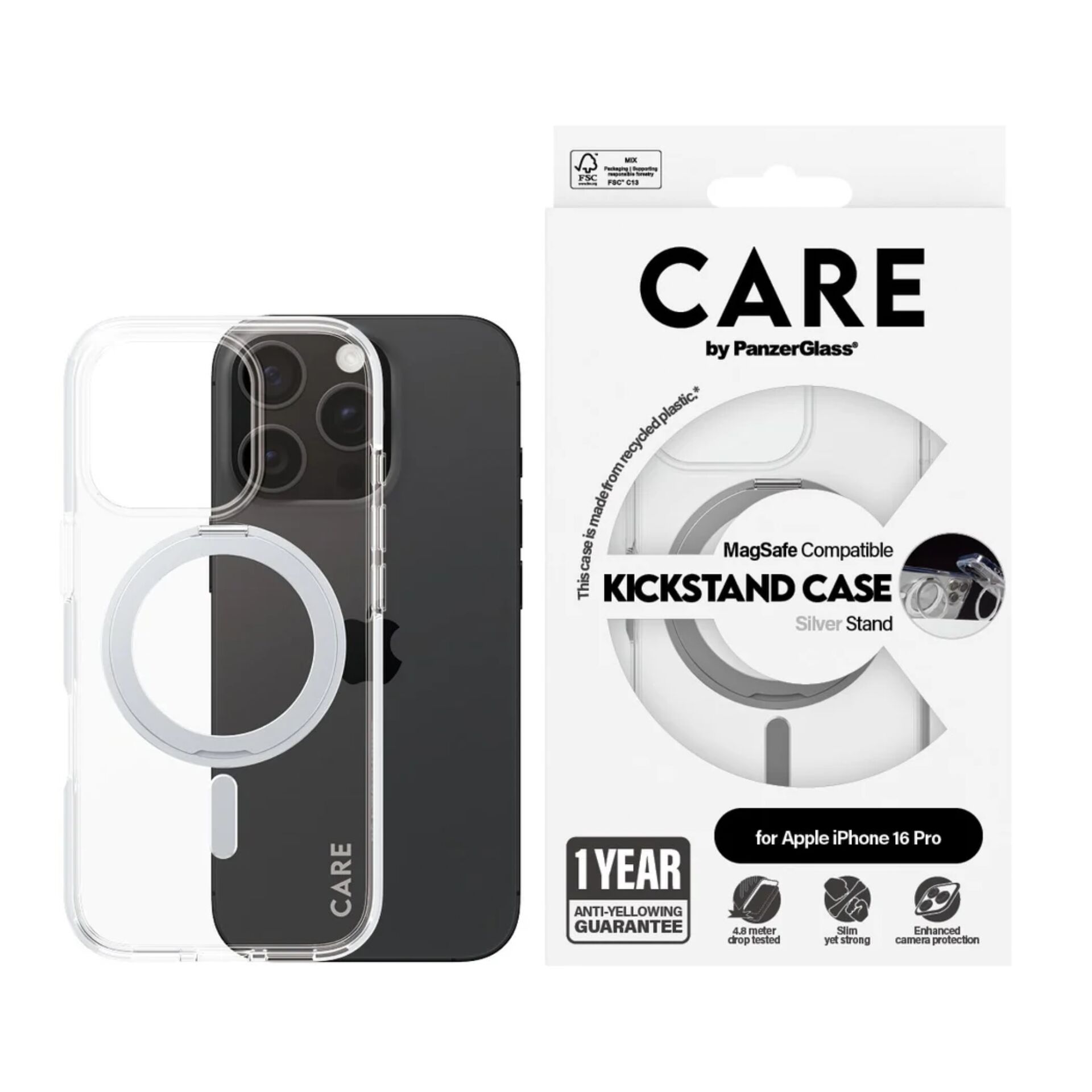 CARE by PanzerGlass Feature Kickstand Case for iPhone 16 Pro Transparent / Silver