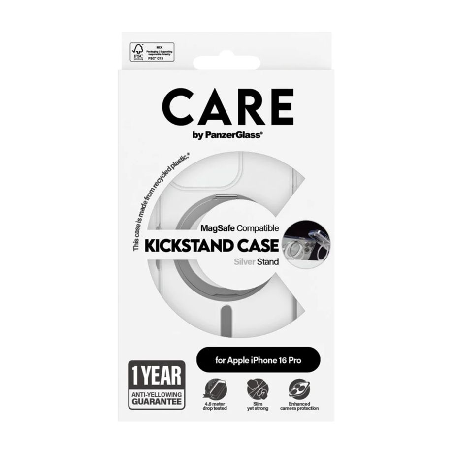 Dėklas CARE by PanzerGlass Feature Kickstand, skirtas iPhone 16 Pro permatomas / sidabrinis