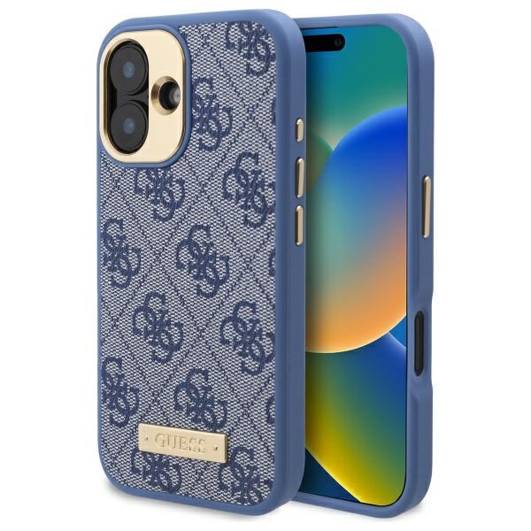Guess dėklas iPhone 16 Plus telefonui 4G Logo Plate MagSafe, mėlynas