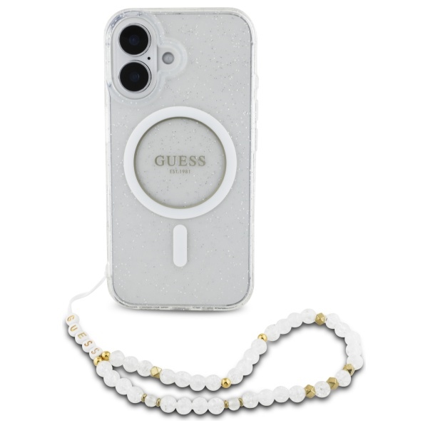 Guess dėklas iPhone 16 Plus telefonui IML Glitter su perlų dirželiu MagSafe, skaidrus