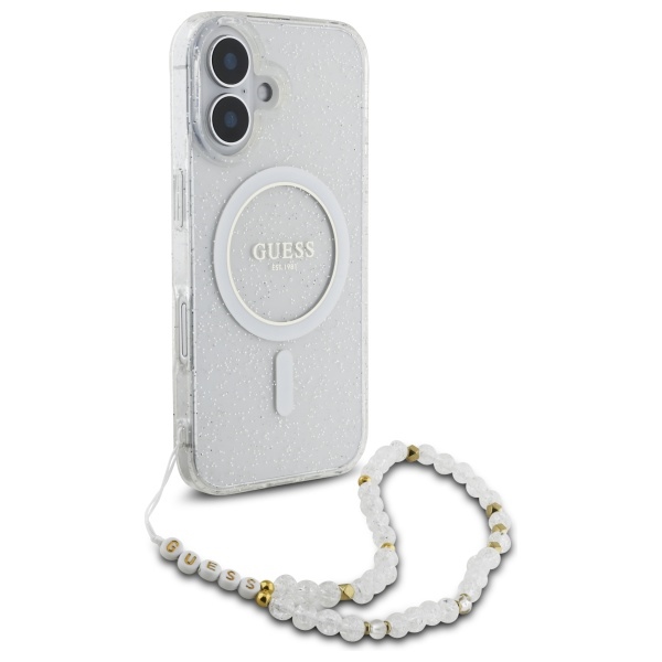 Guess dėklas iPhone 16 Plus telefonui IML Glitter su perlų dirželiu MagSafe, skaidrus