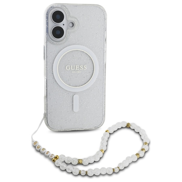 Guess dėklas iPhone 16 Plus telefonui IML Glitter su perlų dirželiu MagSafe, skaidrus